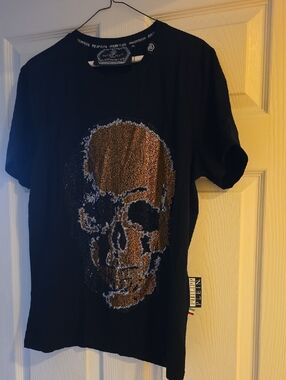Philipp Plein Black T-Shirt Platinum Cut with Gold & Silver Sequin Skull